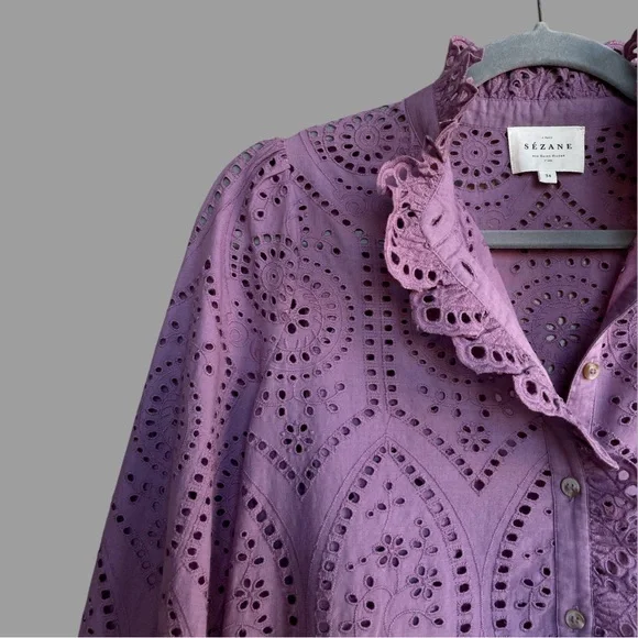 SEZANE Purple Wisteria Eyelet Ruffle Button Down Shirt Scalloped Chlo Blouse Top - Picture 5 of 14